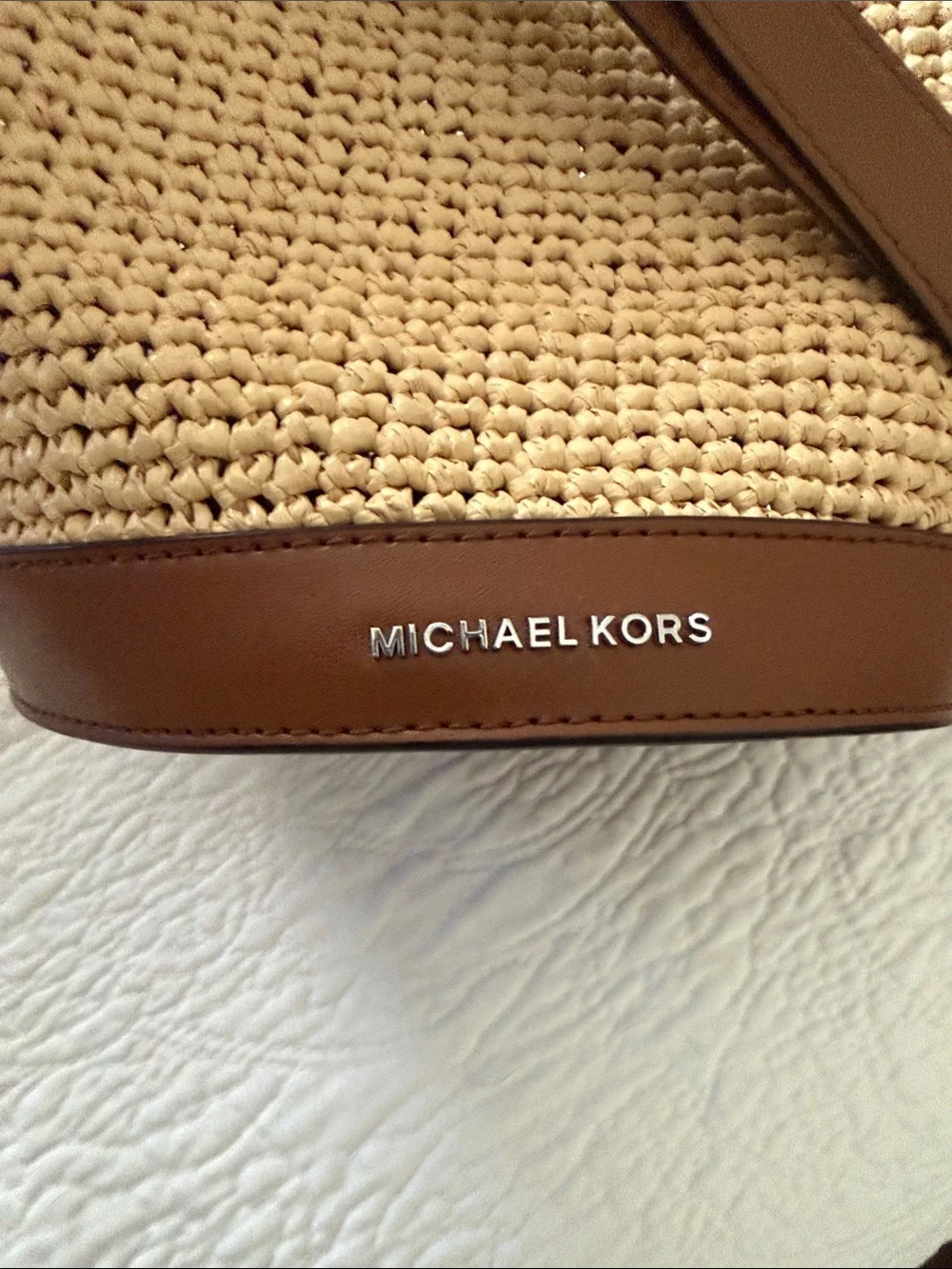 Michael Kors Natural Straw Bucket Shoulder Bag with Brown Leather Trim